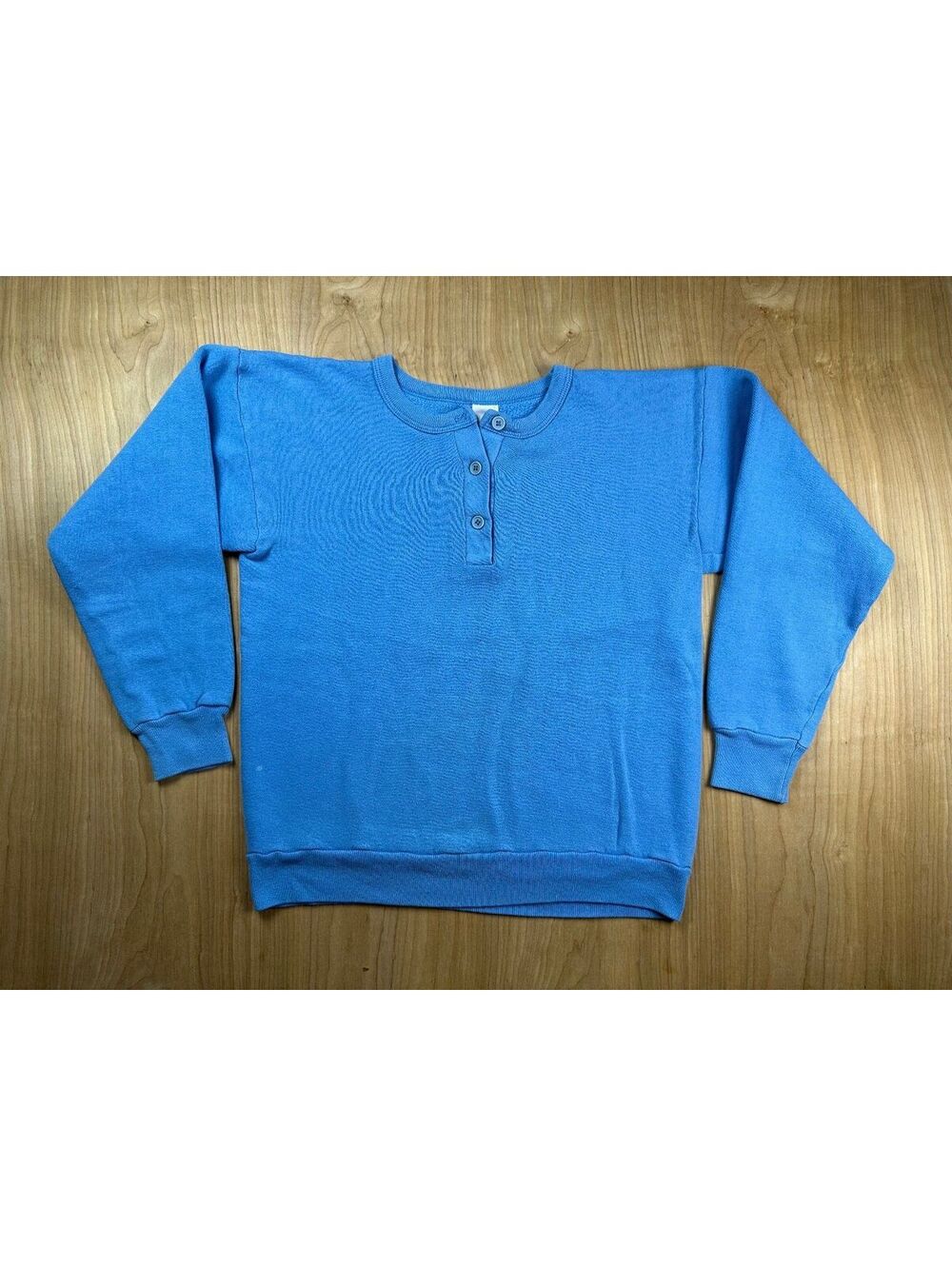 Vintage 80s Tultex Henley Sweatshirt medium blue buttons blank colorful vibrant
